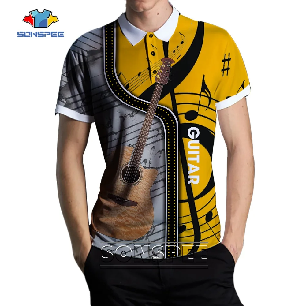 

SONSPEE Guitar Rock 3D Printed Sax Violin Polo Shirt Summer Short Sleeve Musical Instrument Streetwear Men Clothing Cool Tops