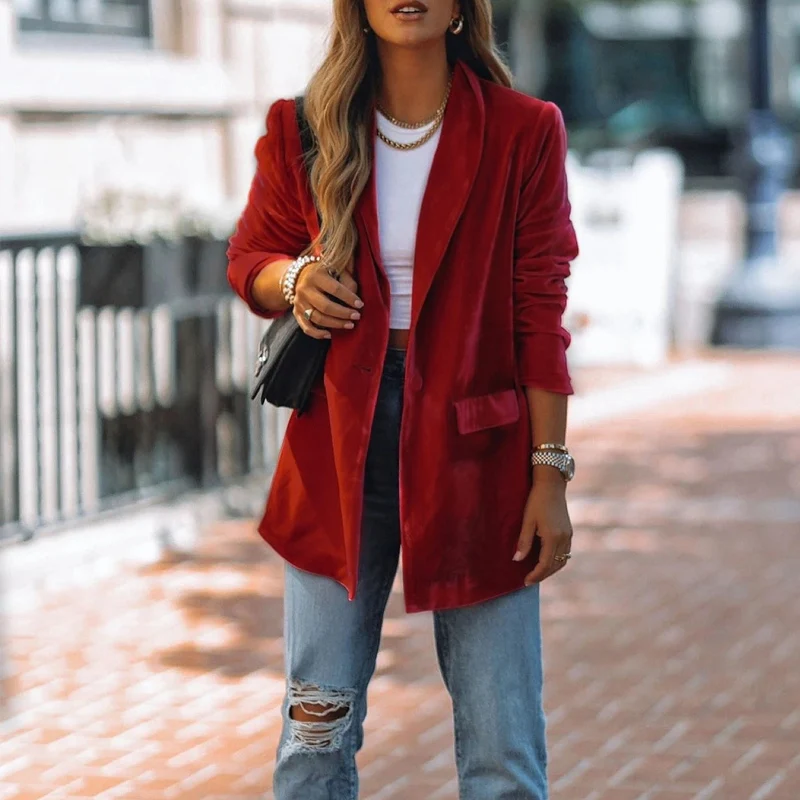 Ladies Casual Office Button Long Sleeve Business Blazers Autumn Red Velvet Blazers Fashion Women Lapel Cardigan Jackets Outwear
Ladies Casual Office Button Long Sleeve Business Blazers Autumn Red Velvet Blazers Fashion Women Lapel Cardigan Jackets Outwear