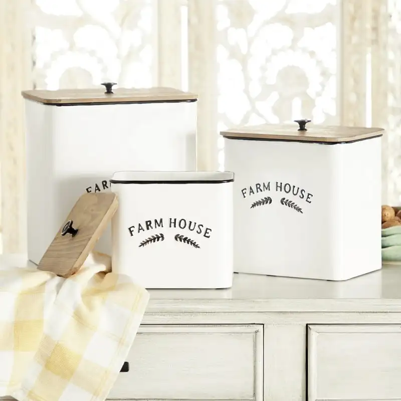 White Metal Canisters with Natural Brown Lid, Set of 3 11 Dispensador de aceite de cocina посуда Botesitos para salsas Coo
White Metal Canisters with Natural Brown Lid, Set of 3 11 Dispensador de aceite de cocina посуда Botesitos para salsas Coo