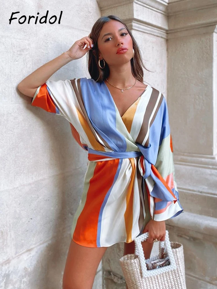 

Foridol V Neck Stripe Casual Satin Romper Women Batwing Sleeve Wide Leg Fashion Playsuits Overalls Bowknot Loose Rompers 2022