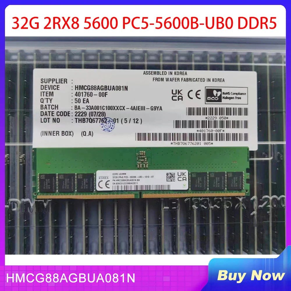 For SK Hynix Desktop Memory RAM 32GB 32G 2RX8 5600 PC5-5600B-UB0 DDR5 UDIMM HMCG88AGBUA081N
For SK Hynix Desktop Memory RAM 32GB 32G 2RX8 5600 PC5-5600B-UB0 DDR5 UDIMM HMCG88AGBUA081N