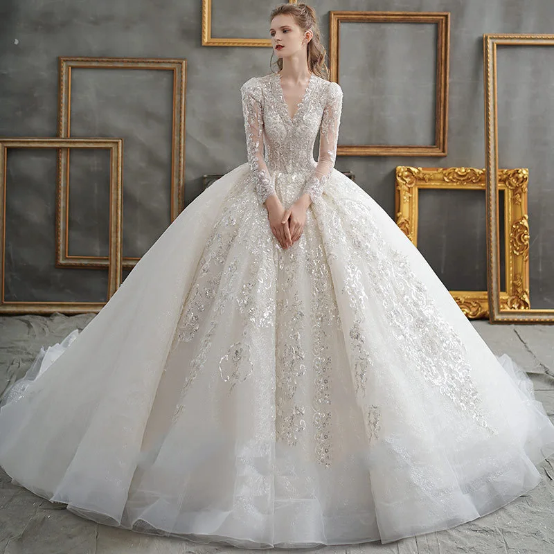 Women V-Neck Sequins Beading Wedding Dress Princess French Long Sleeve Prom Party Gown Vestido De
Women V-Neck Sequins Beading Wedding Dress Princess French Long Sleeve Prom Party Gown Vestido De
