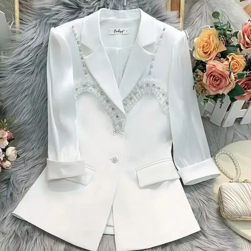 

Женский блейзер UNXX, новинка весны-лета 2023, модный однобортный пиджак белого цвета с бисером, приталенный маленький пиджак с рукавом три четверти