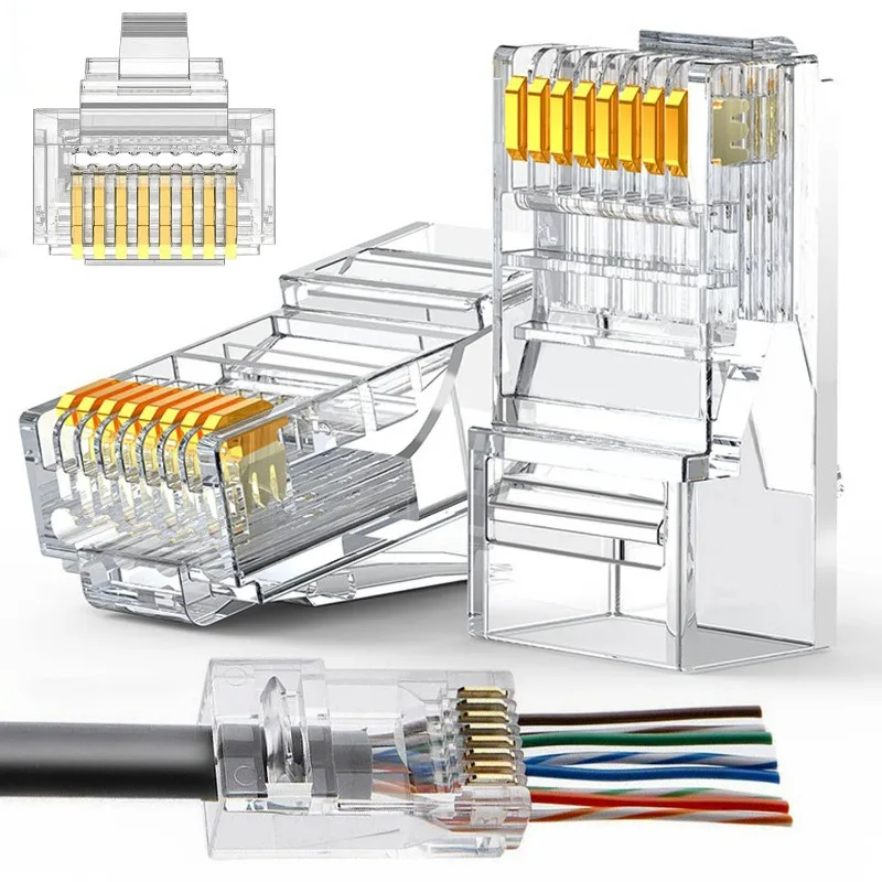 

RJ45 Pass Through Connector Cat6/Cat5e Gold Plated Modular Plug Unshielded Crimp Connector for Solid Stranded UTP Ethernet Cable