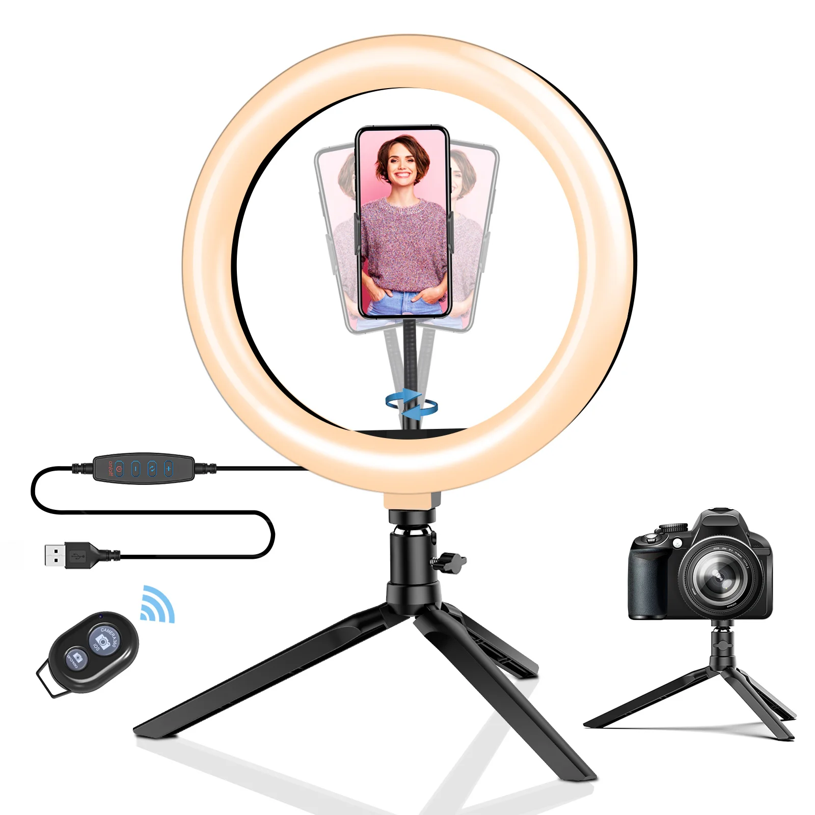 10.2" Selfie Ring Light with Tripod, Desk Makeup Light Stand with Phone Holder, Flash Ring Studio Kit YouTube TikTok, Black
10.2" Selfie Ring Light with Tripod, Desk Makeup Light Stand with Phone Holder, Flash Ring Studio Kit YouTube TikTok, Black