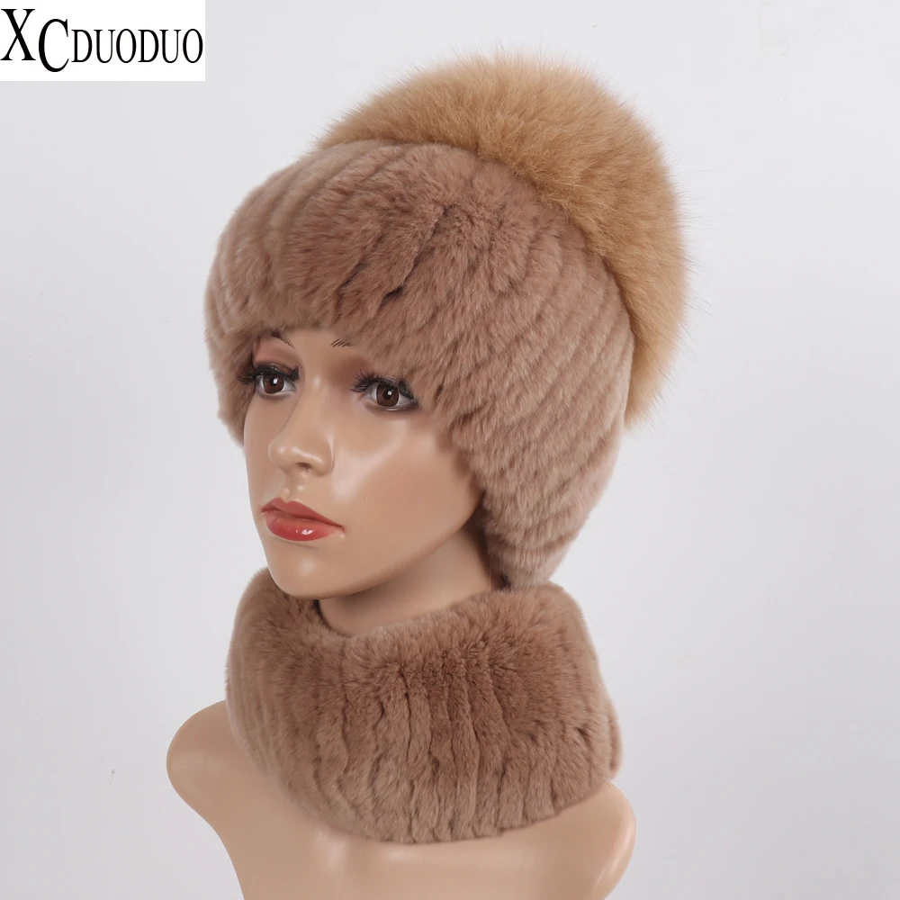 

New Women Winter Luxury Real Rex Rabbit Fur Hat Scarf 2 Pieces Knitted Rex Rabbit Fur Hat Top Natural Fox Fur Cap Scarves Sets