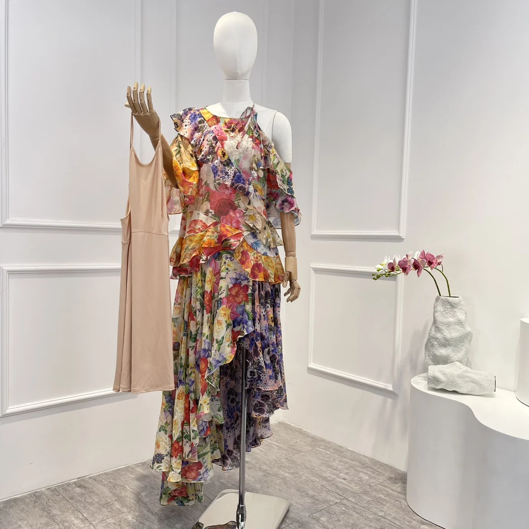 

Женское асимметричное платье средней длины, хлопковое шелковое платье с оборками, цветочным принтом и вырезами на плечах, весна 2023