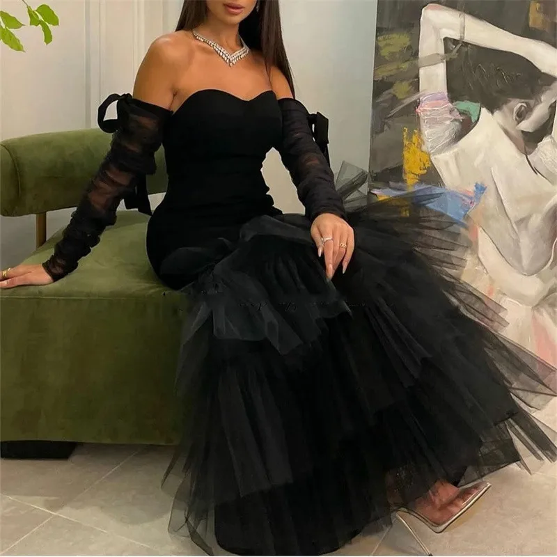 2023 Vintage Long Black Tulle Evening Dresses With Sleeves Mermaid Floor Length Sweetheart PromDresses فستان سهرة نسائيfor woman
2023 Vintage Long Black Tulle Evening Dresses With Sleeves Mermaid Floor Length Sweetheart PromDresses فستان سهرة نسائيfor woman