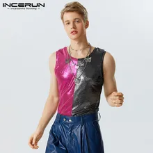 INCERUN Tops 2023 American Style New Men Glitter Fabric Patchwork Vests Casual Sports Street Hot Selling Knitted Waistcoat S-5XL