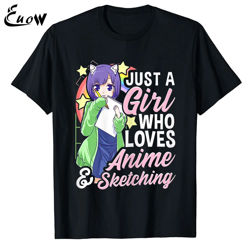 

Euow унисекс 100% хлопок кавайный принт аниме девушка просто девушка, которая любит аниме и эскиз рисунок Женская одежда футболка Повседневная