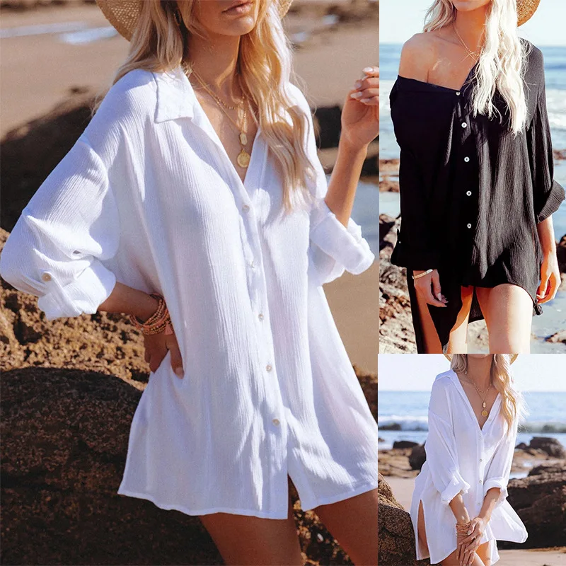 Summer Loose Shirt Dress Beach Swim Cover-up Black White Lapel Neck Female Long Shirts Breathable Casual Women's Dresses
Summer Loose Shirt Dress Beach Swim Cover-up Black White Lapel Neck Female Long Shirts Breathable Casual Women's Dresses