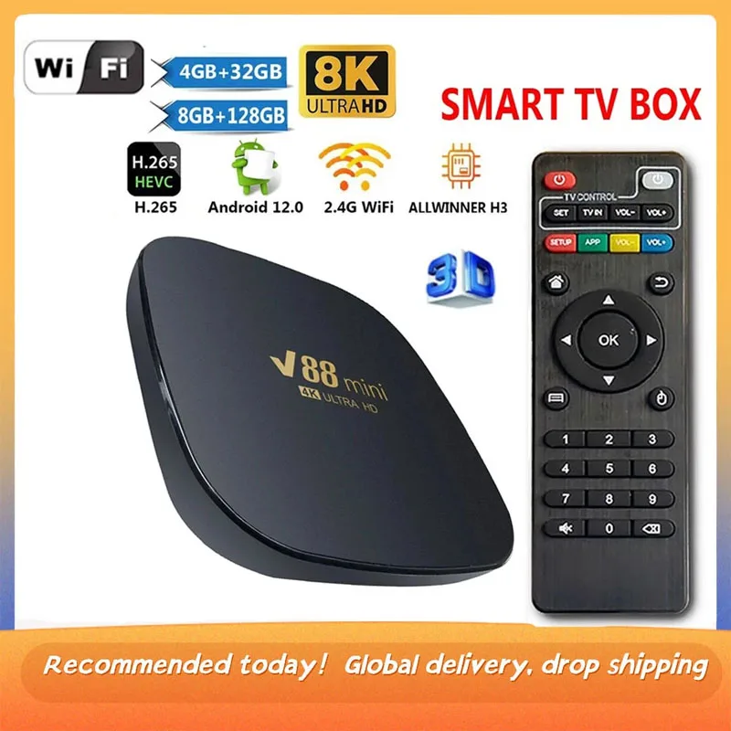 

New V88 Mini Smart TV Box 4K Internet TV Set Top Box Android 12 Allwinner H3 Quad Core 2.4G WIFI Media Player H.265 Home Theater