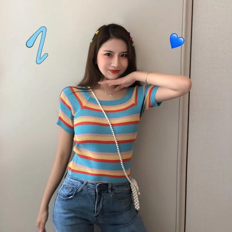 Woman Tshirts Vintage Stripe Short-sleeved Knitted T-shirt Women's Off-shoulder Slim Top Crop Top Mujer Camisetas
Woman Tshirts Vintage Stripe Short-sleeved Knitted T-shirt Women's Off-shoulder Slim Top Crop Top Mujer Camisetas