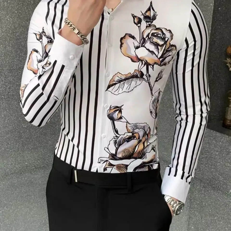 

Men's Shirt Long Sleeve Stripe Social Luxury Button Up Cardigan Blouses Wholesale Single Breasted Turn-down Collar Broad B165