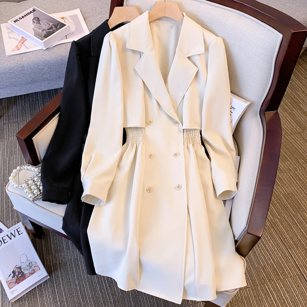 Woman Long Blazer Dress Temperament Notched Long Sleeve Elastic Waist Folds Dress Lady Slim Double Breasted Coat Fall New
Woman Long Blazer Dress Temperament Notched Long Sleeve Elastic Waist Folds Dress Lady Slim Double Breasted Coat Fall New