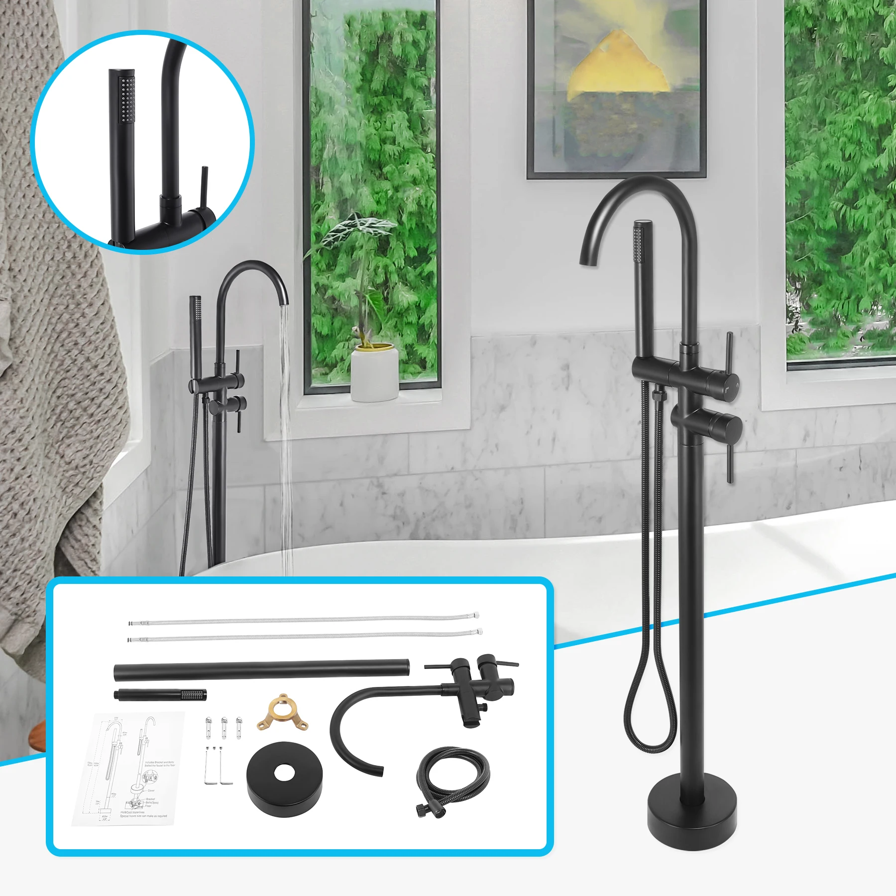 

Floor Mount Bathtub Faucet Freestanding Tub Filler Matte Black Standing High Flow Shower Faucets with Handheld Shower Mixer Taps