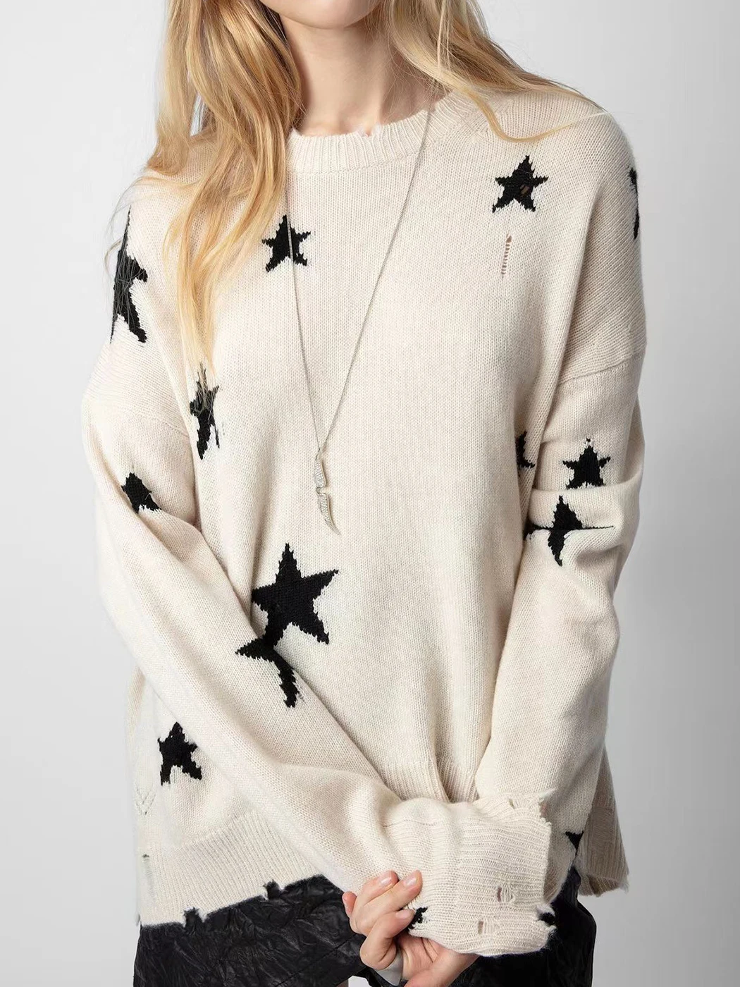 

Женский жаккардовый свитер со звездами, рваный кашемировый вязаный Свободный пуловер, модный джемпер, Осень-зима 2023