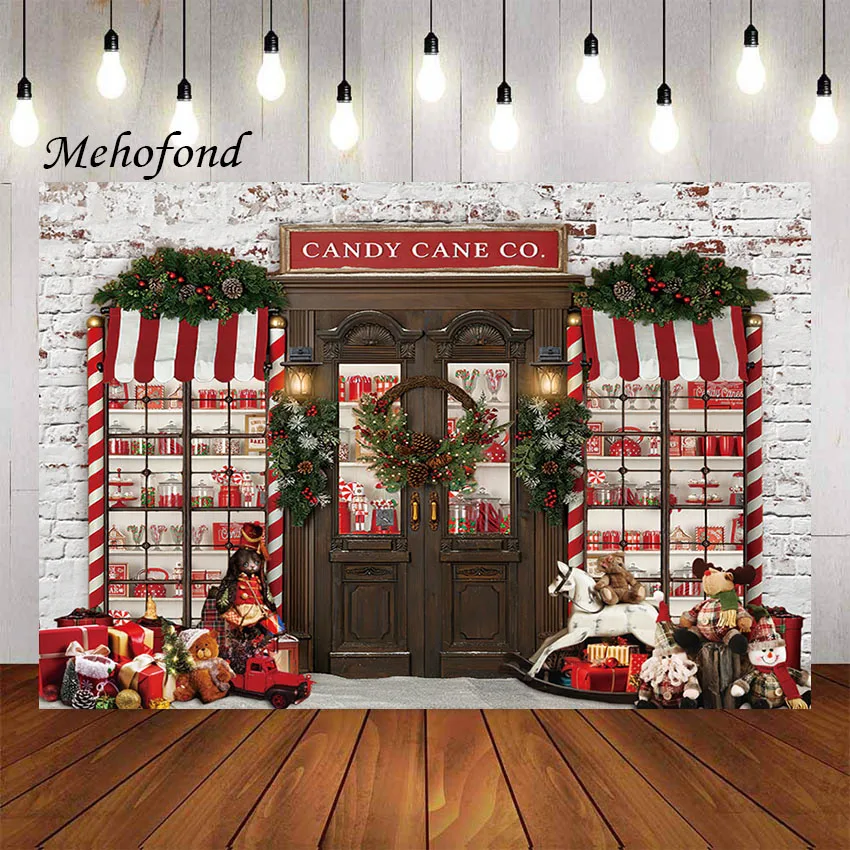

Фон для фотосъемки Mehofond Рождественская кирпичная стена Счастливого Рождества магазин конфет подарки для детей семейный портрет Фотостудия