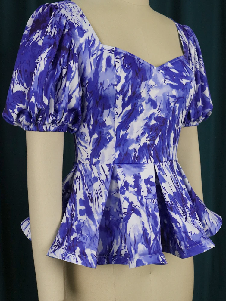 Shirts Blue Tie Dye Tops Cold Shoulder Short Puff Sleeves Women High Waist Peplum Evening Cocktail Celebrated Blouse 2022
Shirts Blue Tie Dye Tops Cold Shoulder Short Puff Sleeves Women High Waist Peplum Evening Cocktail Celebrated Blouse 2022