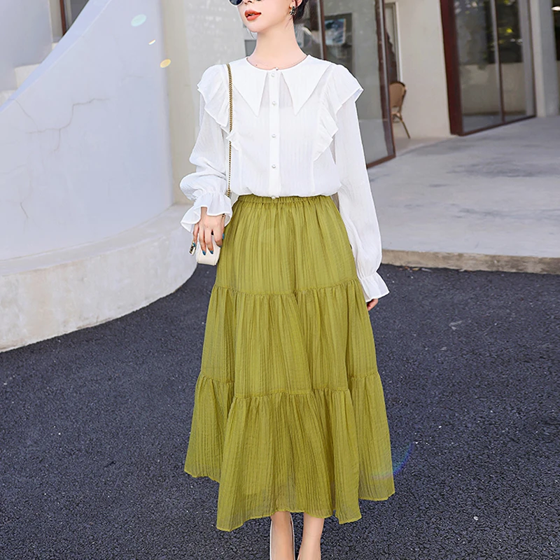 Korean Elegant Sweet Women Shirt Suits Long Sleeve Peter Pan Collar Blouse Shirts And Elastic High Wasit Skirt 2 Pieces Set
Korean Elegant Sweet Women Shirt Suits Long Sleeve Peter Pan Collar Blouse Shirts And Elastic High Wasit Skirt 2 Pieces Set