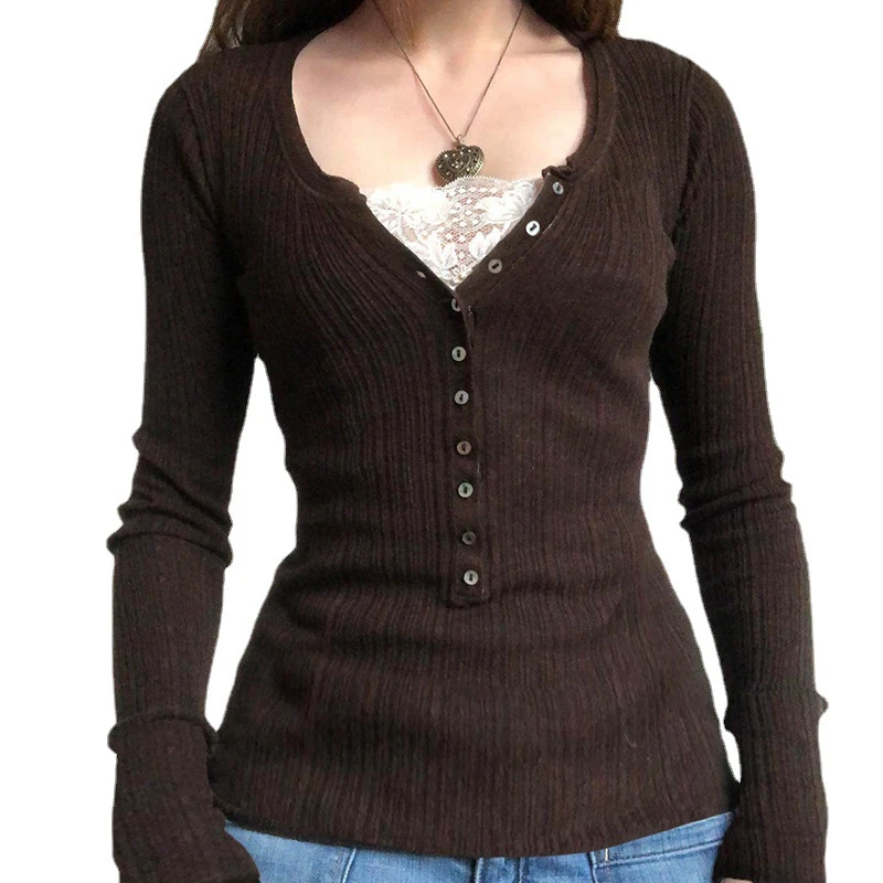 2022 Women Knitted Sweater Long Sleeve T-shirt Stitching Button Lace Patchwork V NeckTops Vintage Streetwear Bottoming Shirt
2022 Women Knitted Sweater Long Sleeve T-shirt Stitching Button Lace Patchwork V NeckTops Vintage Streetwear Bottoming Shirt