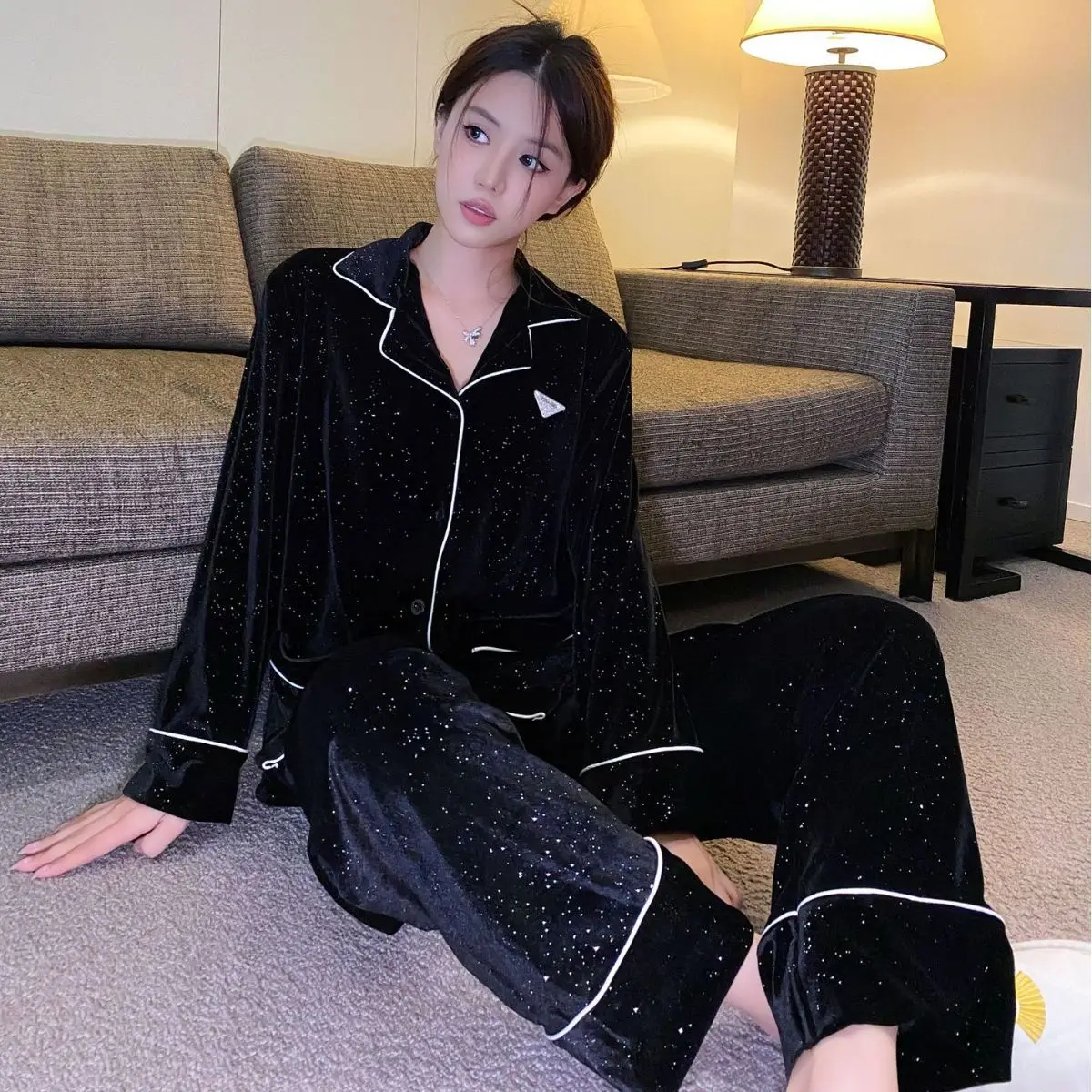 

Осенне-зимняя велюровая Пижама, одежда для сна, интимное белье, рубашка с длинным рукавом и отложным воротником, брюки, Женский пижамный комплект из 2 предметов