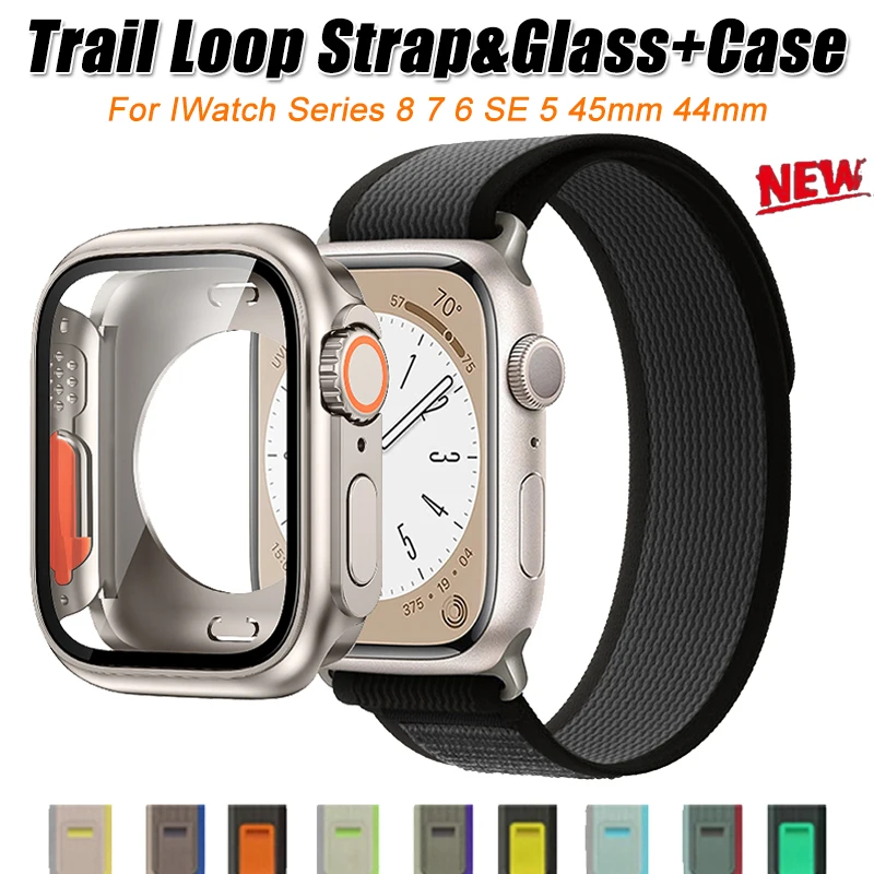 Нейлоновый ремешок + крышка из закаленного стекла для Apple Watch 45 мм 44 мм 8 7 5 4 se, ремешок-петля, обновленный до Ультра 49 мм, стекло + искусственное стекло 
Нейлоновый ремешок + крышка из закаленного стекла для Apple Watch 45 мм 44 мм 8 7 5 4 se, ремешок-петля, обновленный до Ультра 49 мм, стекло + искусственное стекло