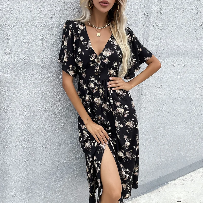 2022 New Black Single-Breasted V-Neck Short-Sleeved Dress Elegant Fashion Flower Print Dress Women Summer Chic Dresses
2022 New Black Single-Breasted V-Neck Short-Sleeved Dress Elegant Fashion Flower Print Dress Women Summer Chic Dresses