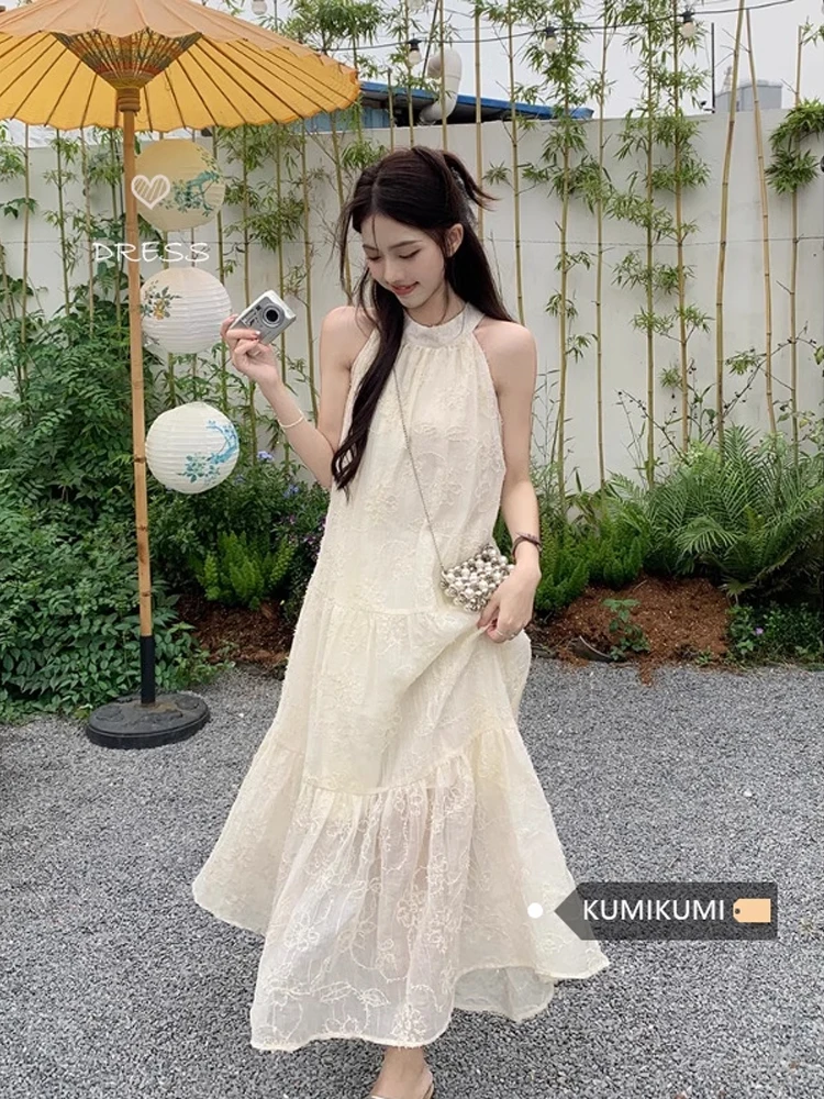 

Vacation Style Long Dress Women's French Haute Couture Hanging Neck Dress Summer Chiffon Gentle Style Embroidery A-line Skirt