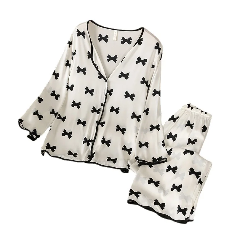 Bowknot Printed Pajamas Set Women's 2021 New Spring Summer Thin Ice Silk Sexy Long Sleeve Trousers High-quality Two-piece Suit
Bowknot Printed Pajamas Set Women's 2021 New Spring Summer Thin Ice Silk Sexy Long Sleeve Trousers High-quality Two-piece Suit