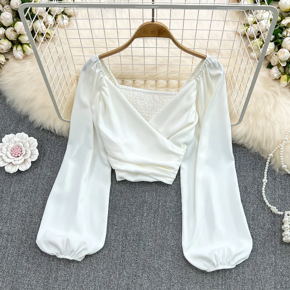 Fashion V Neck Pleated Bubble Long Sleeve Shirt for Women' Chic Cropped Navel Top
Fashion V Neck Pleated Bubble Long Sleeve Shirt for Women' Chic Cropped Navel Top