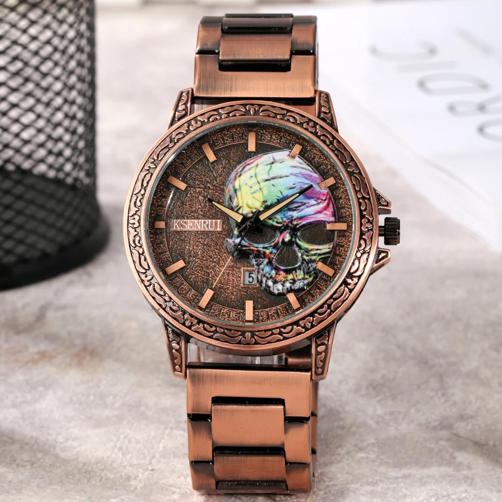 Retro Red Copper Watches for Men Stainless Steel Strap Quartz Watch Colorful Embossed Skull Calendar Dial Men's Wristwatch Gifts
Retro Red Copper Watches for Men Stainless Steel Strap Quartz Watch Colorful Embossed Skull Calendar Dial Men's Wristwatch Gifts