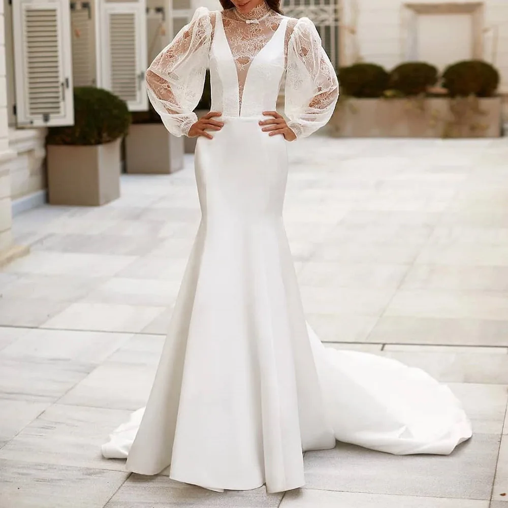 2023 New Long Floor-Length Satin Lace High Neck Elegant Sexy Mermaid Formal Bride Dresses for Women Wedding Party Prom Evening
2023 New Long Floor-Length Satin Lace High Neck Elegant Sexy Mermaid Formal Bride Dresses for Women Wedding Party Prom Evening