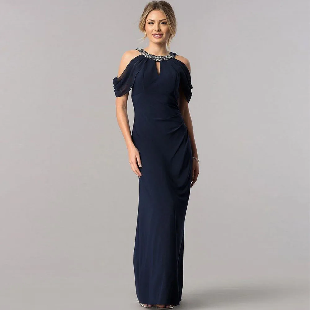 

Элегантное темно-синее шифоновое платье для матери невесты для свадьбы с круглым вырезом бисером длиной до пола официальное вечернее праздничное платье