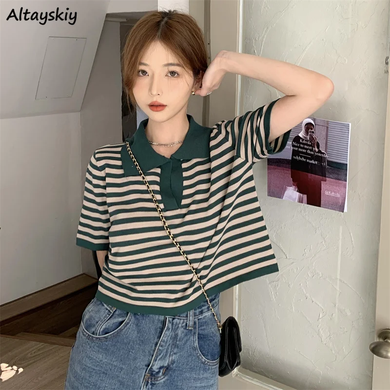 Short Sleeve T-shirts Patchwork Striped Loose Casual Sweet Turn Down Collar All-match Female Korean Style Preppy Cozy Chic New
Short Sleeve T-shirts Patchwork Striped Loose Casual Sweet Turn Down Collar All-match Female Korean Style Preppy Cozy Chic New