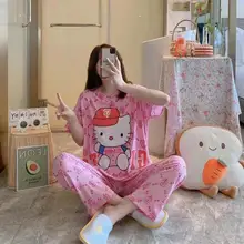 Hello Kitty Sanrio Kawaii Short Sleeve Pajamas Cute Girls Round Neck Kits Cartoon Student Summer Pure Cotton Cute Anime Suites