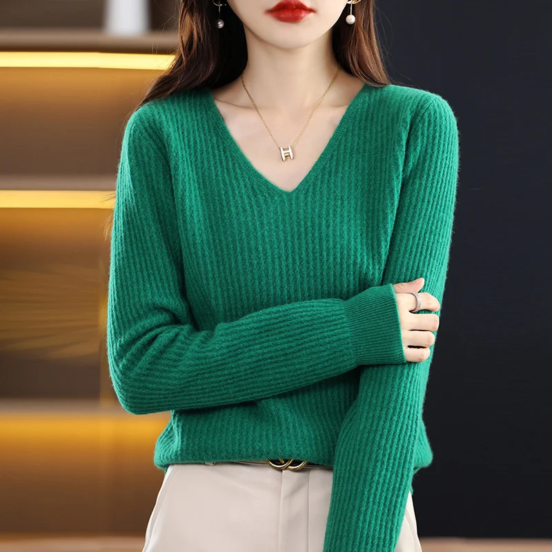 

Woman's Sweater Autumn Winter New Style V-eck Long Sleeve Bottoming Jumper Female Pullover Blouse 100% Wool Sweater Knitted Top