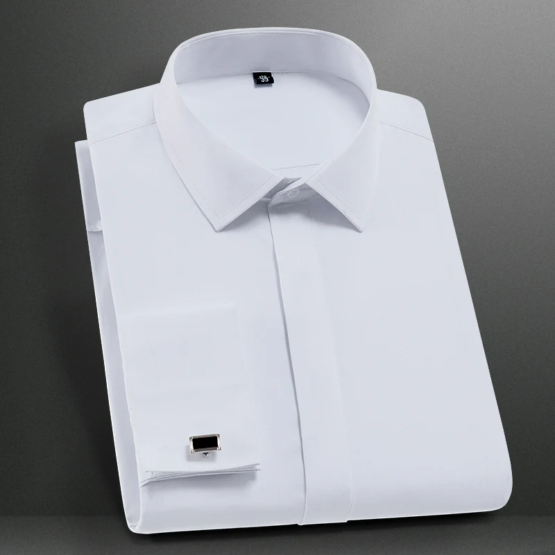 

M-6XL Classic Men's French Cuffs Dress Shirt Long Sleeve Covered Placket Formal Business Standard-fit Office Work White Shirts