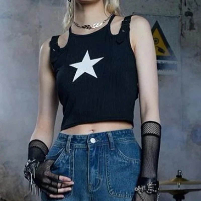 Punk Gothic Buckle Star Print Summer Tanks Vest Short Streetwear Bodycon Dark Academia Crop Top Women Cut Out Outfits
Punk Gothic Buckle Star Print Summer Tanks Vest Short Streetwear Bodycon Dark Academia Crop Top Women Cut Out Outfits
