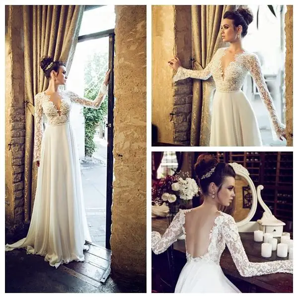 2014 Hot Brand New A Line V Neck Wedding Dress Lace Open Back Long Sleeve Chiffon Floor Length Bridal Gowns Vestidos OEM01
2014 Hot Brand New A Line V Neck Wedding Dress Lace Open Back Long Sleeve Chiffon Floor Length Bridal Gowns Vestidos OEM01