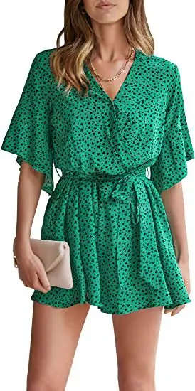 

Casual Loose Polka Dot Print Jumpsuit Women Summer Fashion V-neck Flare Sleeve One Piece Rompers Boho Lace Up Playsuits