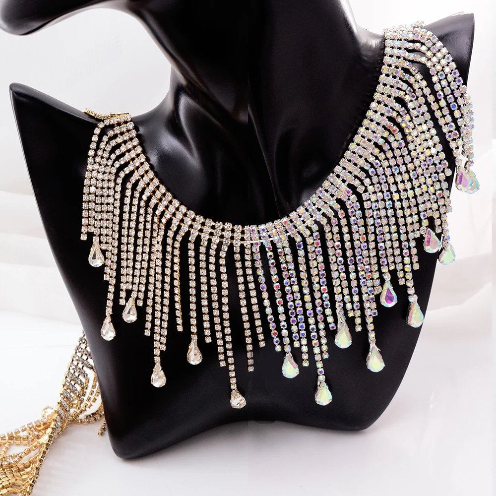 

Factory Store High Quality DIY AB Rhinestone Fringe Chain Silver Plated Water Drop Tassel Trim Sew On Crystal Glass Decoration