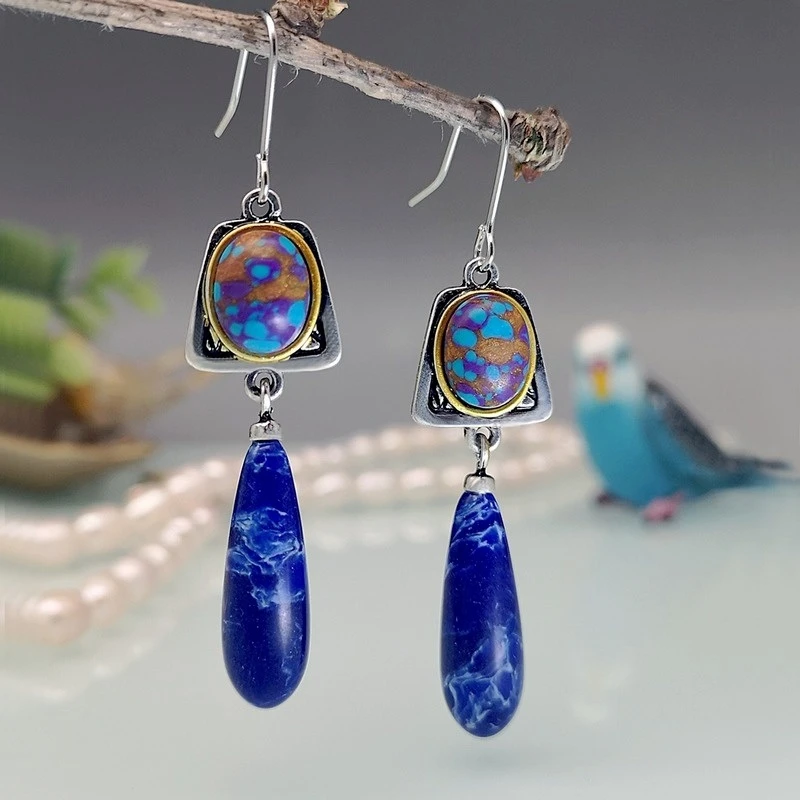 Bohemian Style Silver Color Needle Natural Lapis Lazuli Stone Dangle Hook Earrings Wedding Engagement Earrings for Women 
Bohemian Style Silver Color Needle Natural Lapis Lazuli Stone Dangle Hook Earrings Wedding Engagement Earrings for Women