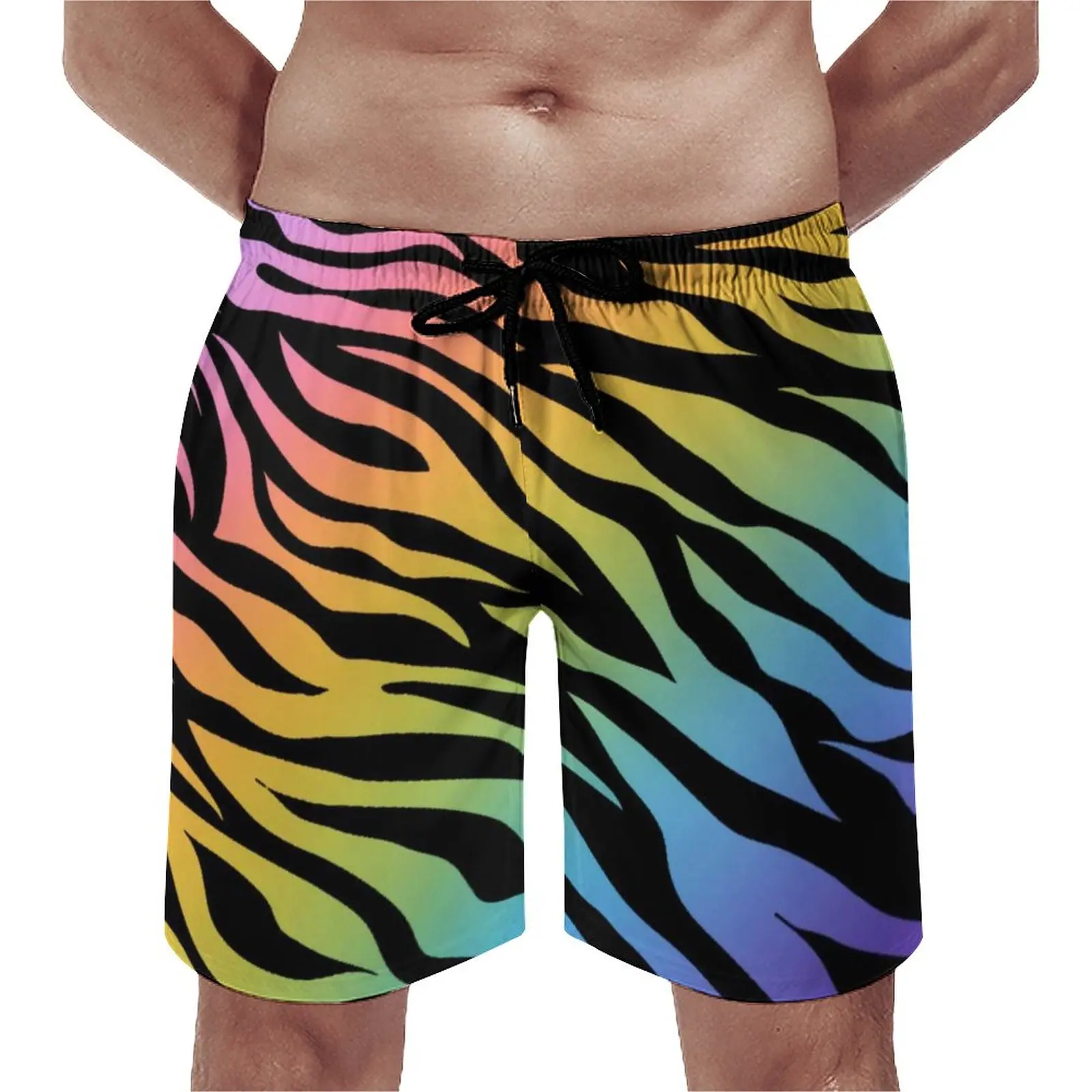 

Summer Board Shorts Zebra Stripes Rainbow Sports Surf Animal Gradient Print Beach Short Pants Quick Dry Swim Trunks Plus Size