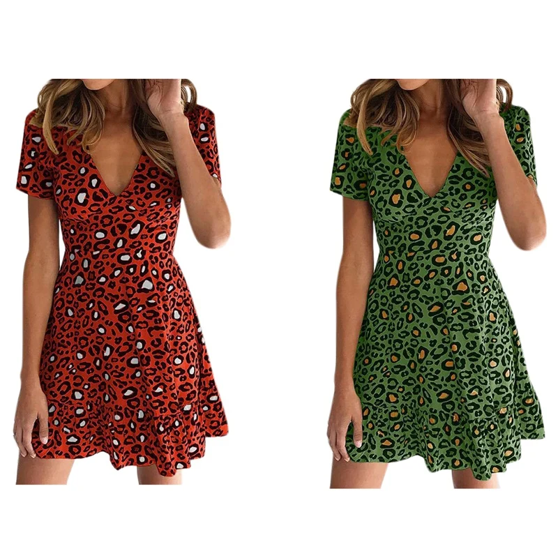 2 Pcs Women Mini Leopard Dress Summer Print Ruffles Short Sleeve V Neck Evening Party Sweet Beach Dress L Red & Green
2 Pcs Women Mini Leopard Dress Summer Print Ruffles Short Sleeve V Neck Evening Party Sweet Beach Dress L Red & Green