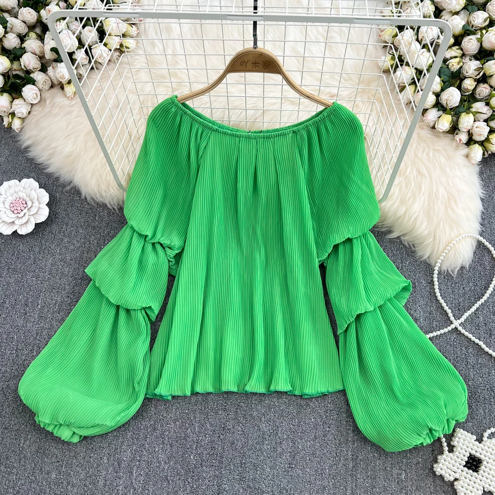 2022 Spring and Autumn European and American Personality One-word Collar Off-the-Shoulder Puff Sleeve Pleated Chiffon Chic Top
2022 Spring and Autumn European and American Personality One-word Collar Off-the-Shoulder Puff Sleeve Pleated Chiffon Chic Top