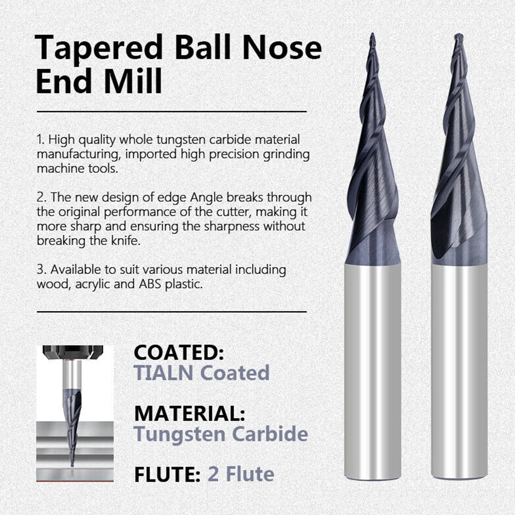 Tapered Ball Nose End Mill 2 Flute 1/4" Shank Carbide End Mill Spiral Tungsten Steel Router Bit R0.25-1.0*20*D6.35*50
Tapered Ball Nose End Mill 2 Flute 1/4" Shank Carbide End Mill Spiral Tungsten Steel Router Bit R0.25-1.0*20*D6.35*50