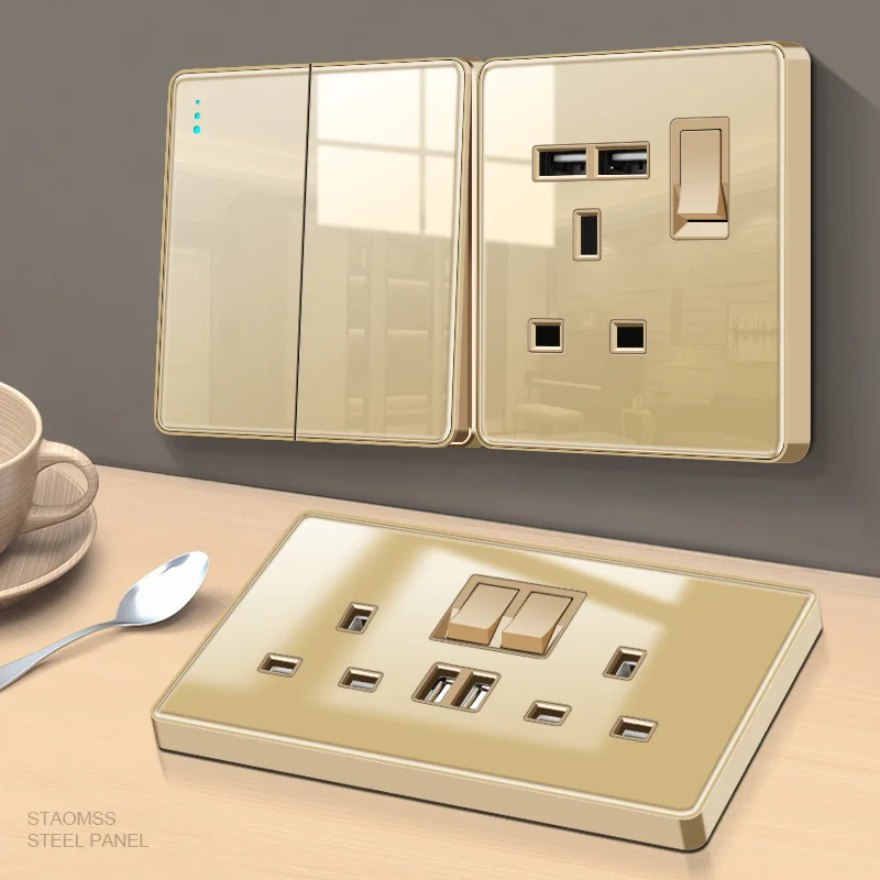 Luxury All Tempered Glass Wall Lamp Switch Button Golden UK Plug 13A Universal Wall Socket with Usb ,220V2gang2way Dimmer Switch
Luxury All Tempered Glass Wall Lamp Switch Button Golden UK Plug 13A Universal Wall Socket with Usb ,220V2gang2way Dimmer Switch