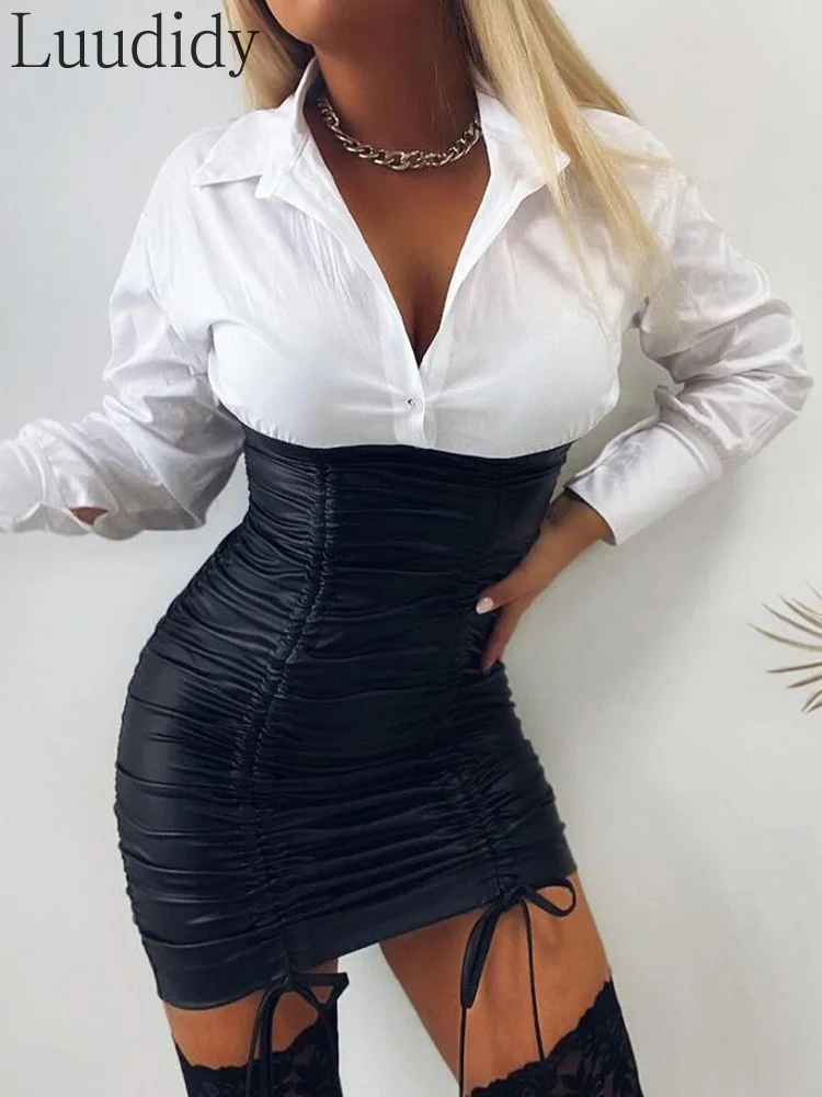 Women Sexy PU Patchwork Drawstring Ruched Long Sleeve Turn Down Collar Bodycon Mini Dress
Women Sexy PU Patchwork Drawstring Ruched Long Sleeve Turn Down Collar Bodycon Mini Dress