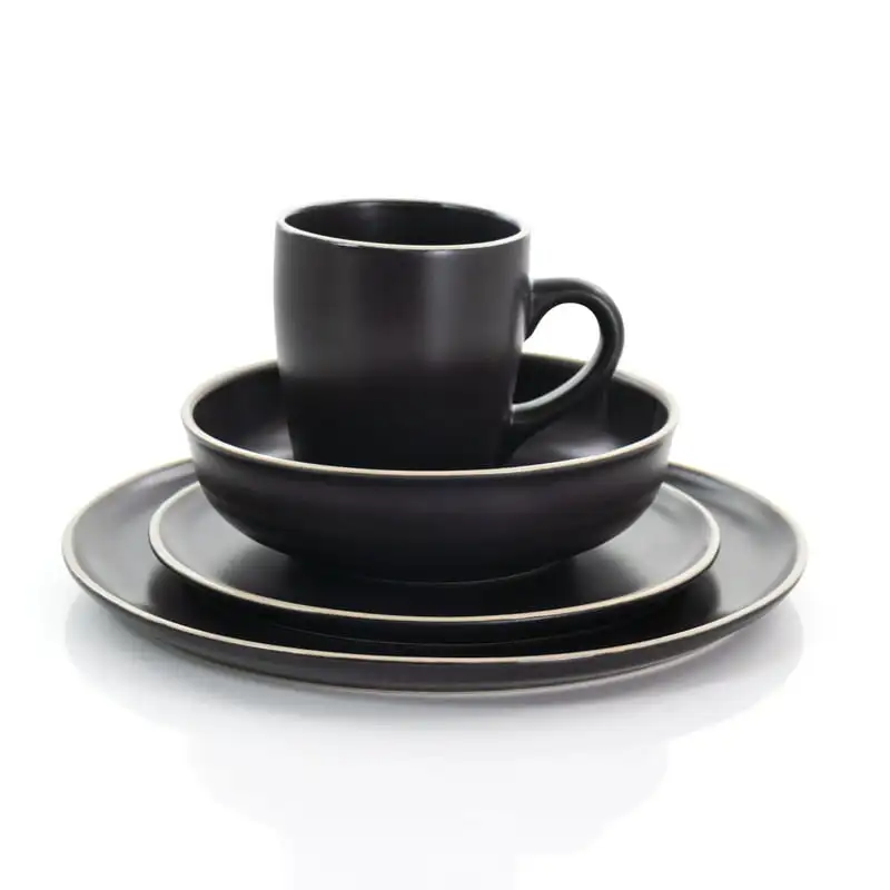

Набор посуды из 16 предметов, круглая керамическая посуда, черный цвет, можно мыть в посудомоечной машине, прочные фарфоровые тарелки, кружки и миски для повседневного использования